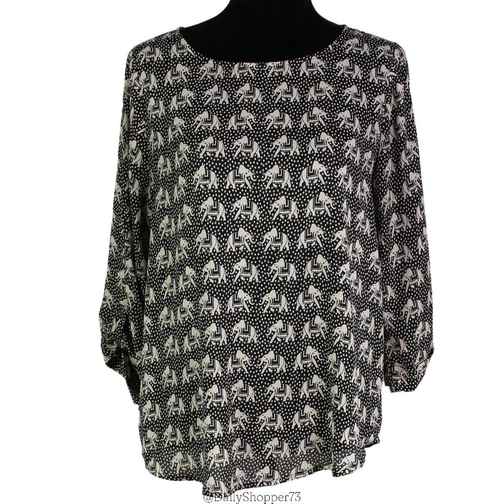 Pixley Women's Polka Dot Elephant Print Rolled Sleeve Flowy Blouse